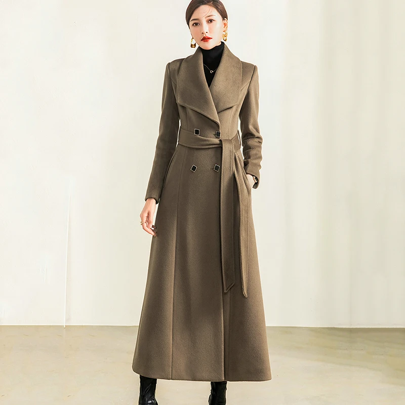 

Women Long Wool Blends Coat Autumn Winter Elegant Fashion Thicken Warm Lengthened Woolen Overcoat Lacing Slim Outerwear Female