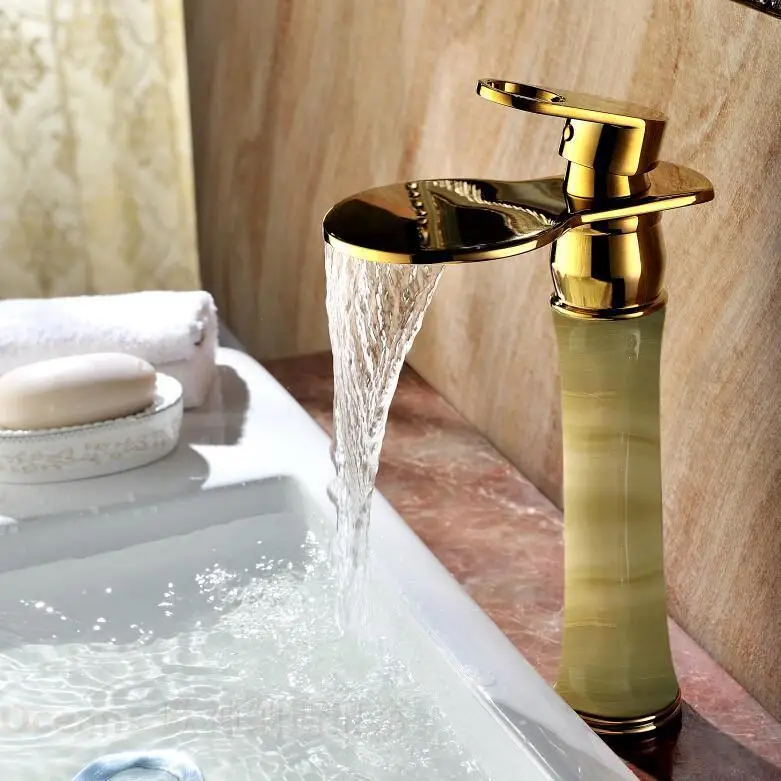 

European antique marble counter basin gold-plated copper waterfall basin mixer full of hot and cold taps natural jade