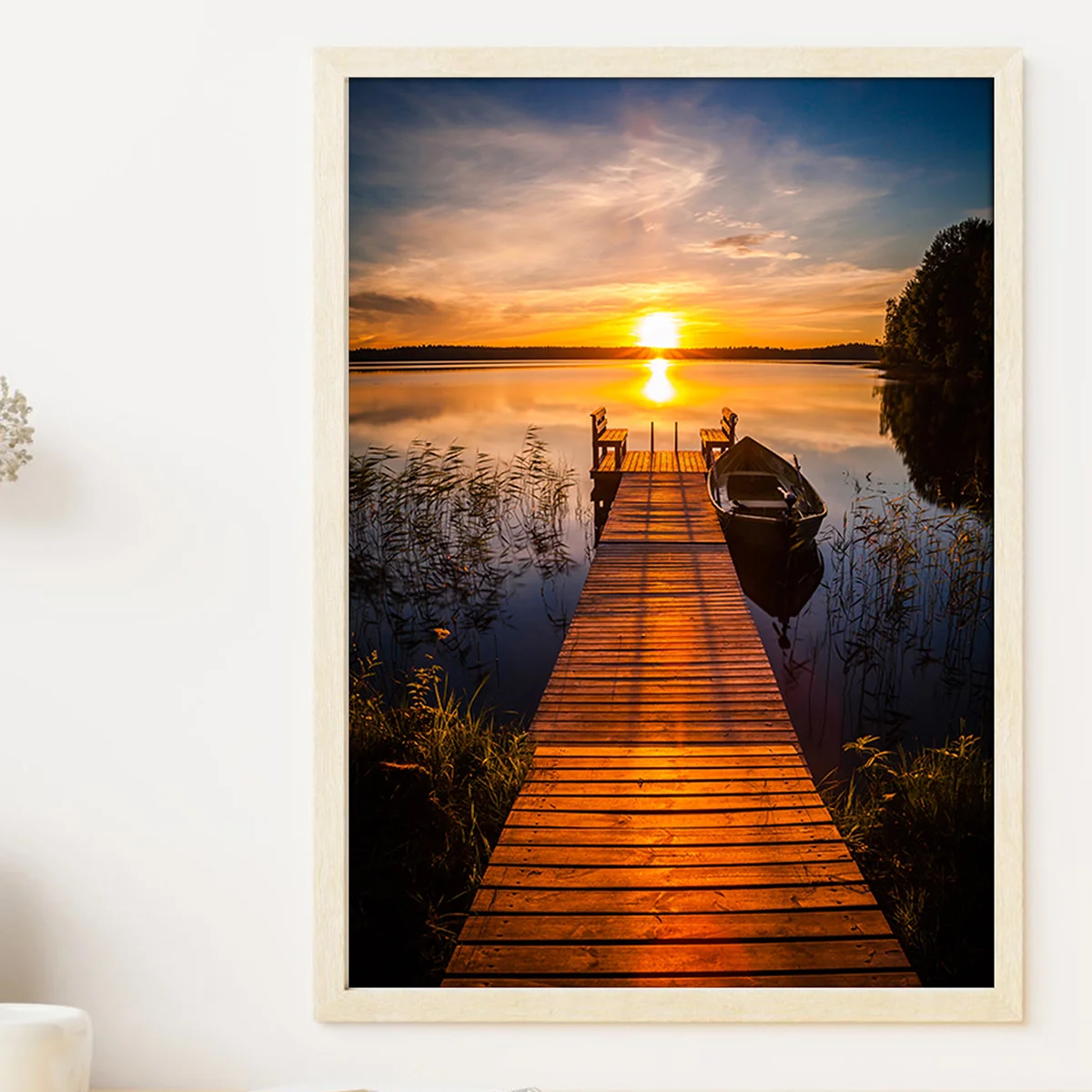 

Modern Landscape Poster Sunset Wooden Bridge Boat Lake Wall Art Canvas Painting Nordic Print Wall Picture Living Room Decoration