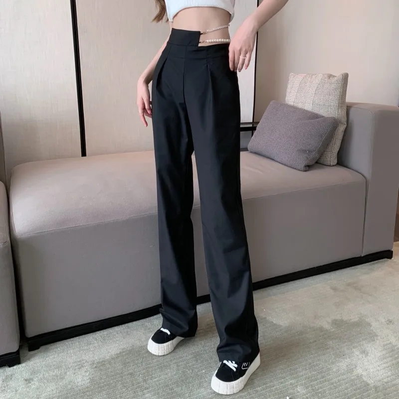 

2021 spring Irregular Waist Hollow Diamond Chain Bead Pants High Waist Loose Pants Wide Leg Pants
