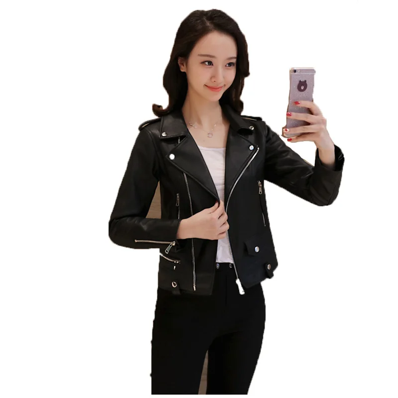 

Short Fake Leather Jacket Women Top 2021 New Spring And Autumn Korean Plus Size Lapel Temperament Black PU Leather Coat GH233