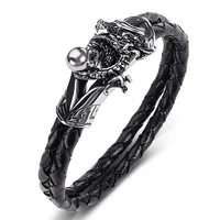 double braided genuine leather bracelet men stainless steel dragon bangles punk rock handmade jewelry male wristband gifts p548