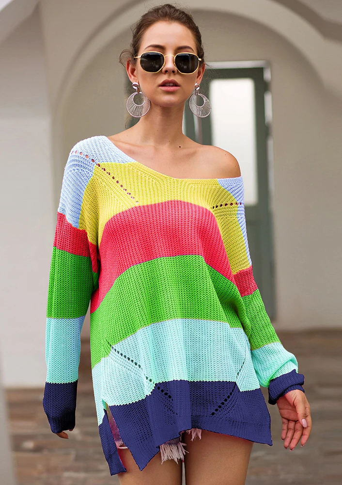 

Loose Women's Blouse Knitted Patchwork Rainbow Stripe Print Shirts T-Shirt Sweater Womens Tops Shirt Costume Clothing