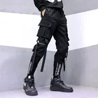 Брюки-султанки мужские с лентами и карманами, уличная одежда, повседневные спортивные штаны, Джоггеры в стиле хип-хоп, облегающие черные мужские брюки-карандаш, весна-лето