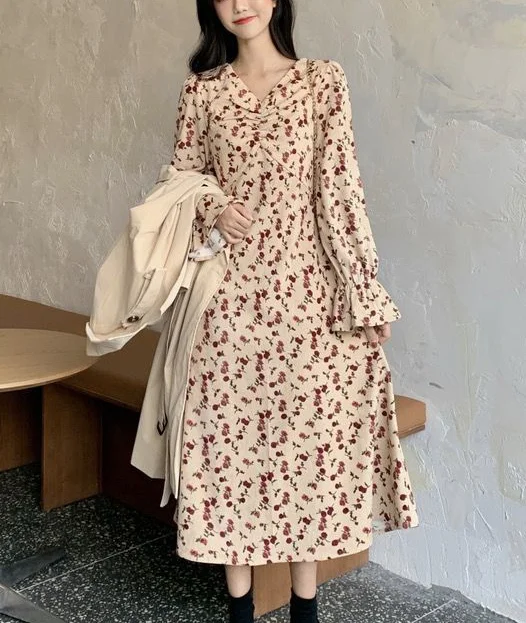 

Beach Outing Dress for Women Print Floral A Line V Neck Summer Spring Fashion Vacation Saida De Praia Vestidos Mujer Verano 2021