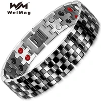 welmag magnetic stainless steel for men double 4 elements bracelet energy power link bangles blackwhite lattice design gift