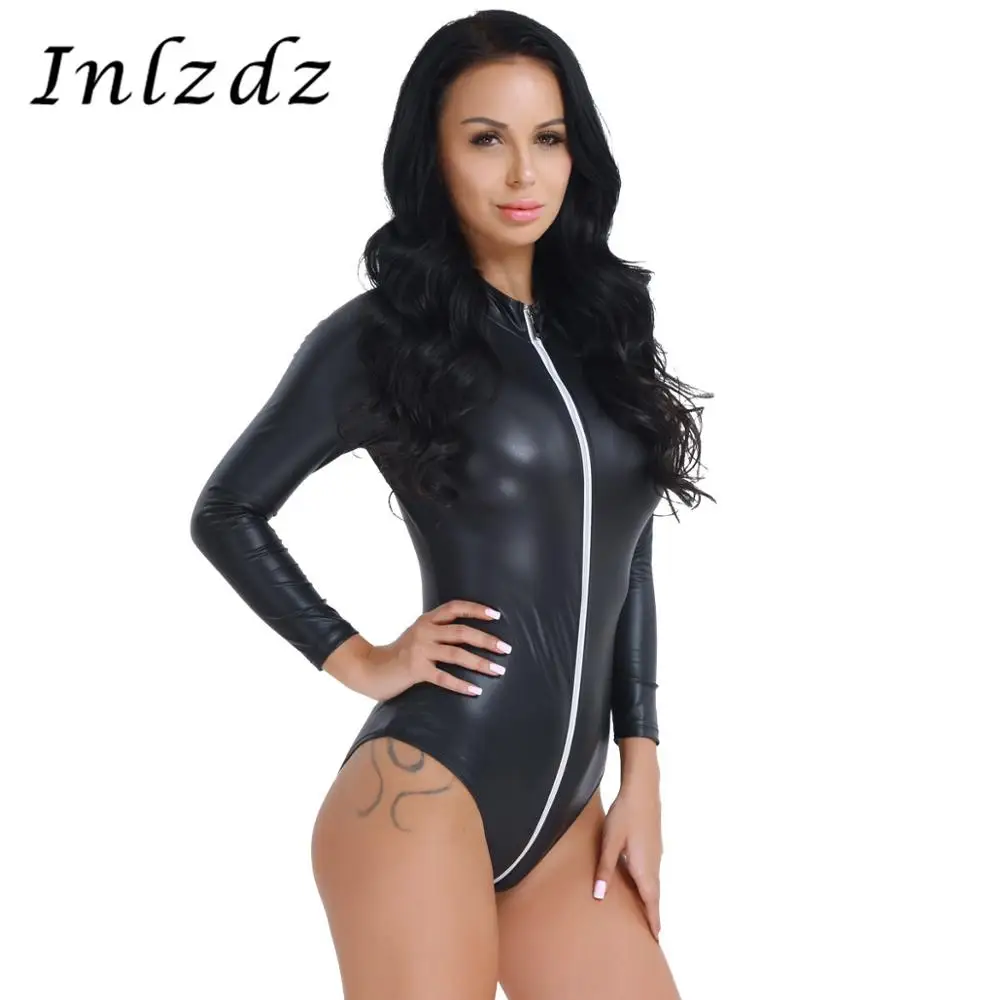 Женское белье латекс кожа боди с длинным рукавом на молнии сексуальный костюм