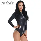 Женское белье, латекс, кожа, боди с длинным рукавом, на молнии, сексуальный костюм, ложный вырез, комбинезон, трико, боди, комбинезон, клубная одежда