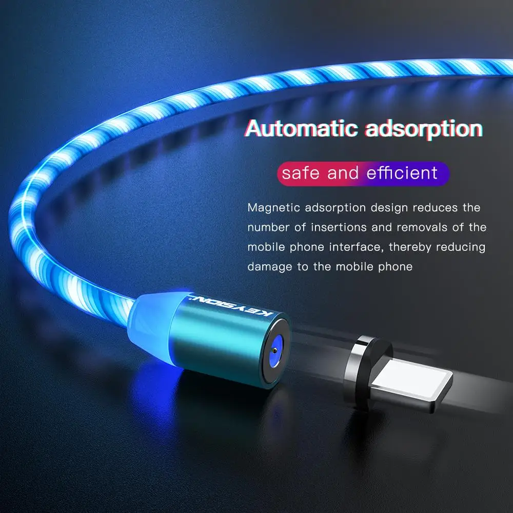 KEYSION Flowing Light LED Type C Magnetic Cable for Redmi Note 7 8 Pro K20 USB-C Charging Magnet Charger Cables for Xiaomi Mi 9T