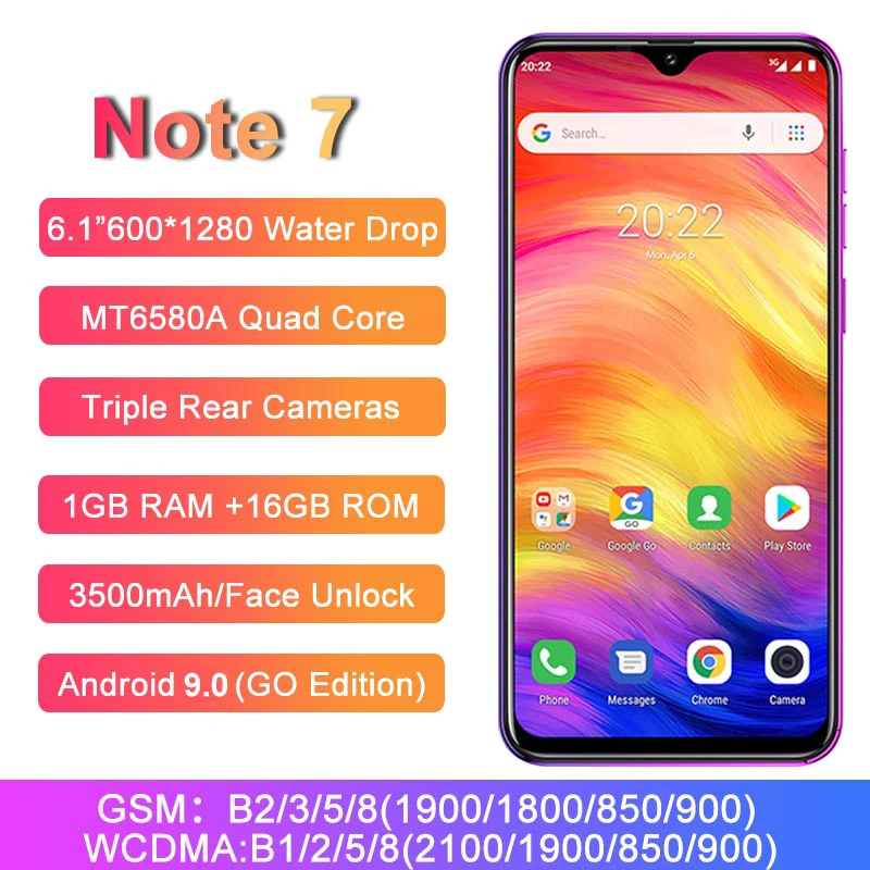 Ulefone Note 7, смартфон, экран в виде капли воды, 6,1 дюймов, 19:9, четырехъядерный процессор, 16 Гб ПЗУ, 3500 мАч, Face ID, три тыловые камеры, Android 9,0