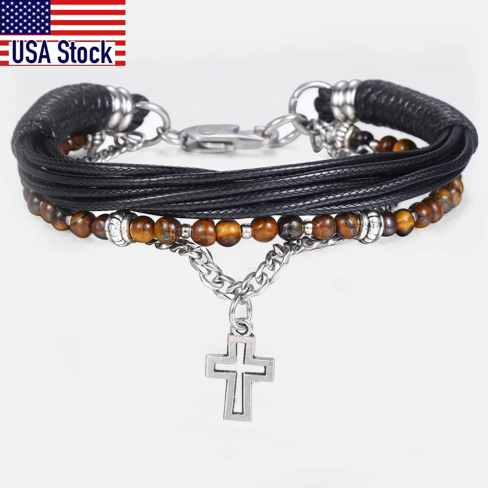 

Trendsmax Natural Tiger Eye Stone Beaded Bracelet for men boy women Stainless Steel Cross Charm Leather Bracelet Jewelry KDLB71