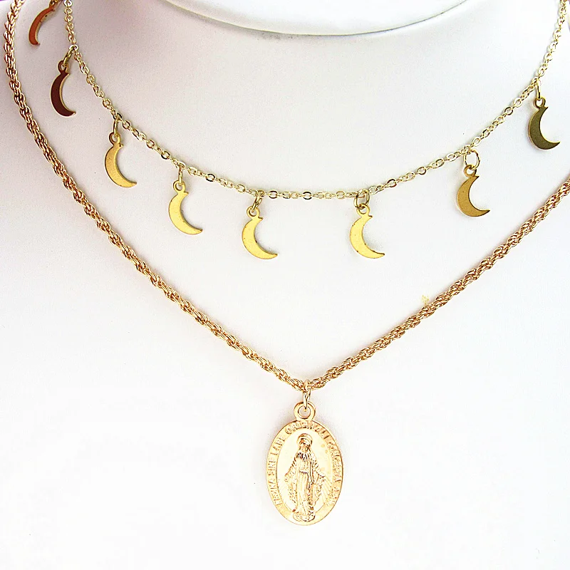 

New Rock Hip Hop Girl Moon Necklace Blessed Virgin Mary Lucky Pendant