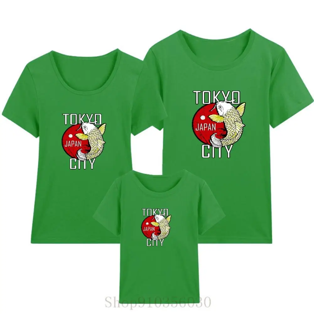 Japan Tokyo city Koi Fish illutration design white mother daughter boys summer clothes matching outfits dress | Мать и ребенок