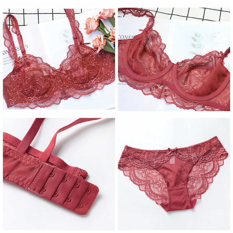 

Conjunto de sujetador y bragas transparentes de encaje ultrafino para mujer, conjunto de ropa interior de talla grande