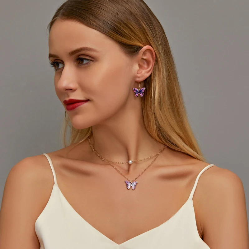 SOHOT Cute Trendy Colorful Enamel Butterfly Pendant Women Jewelry Set Romantic Double Necklace Earrings For Female Birthday Gift | Украшения