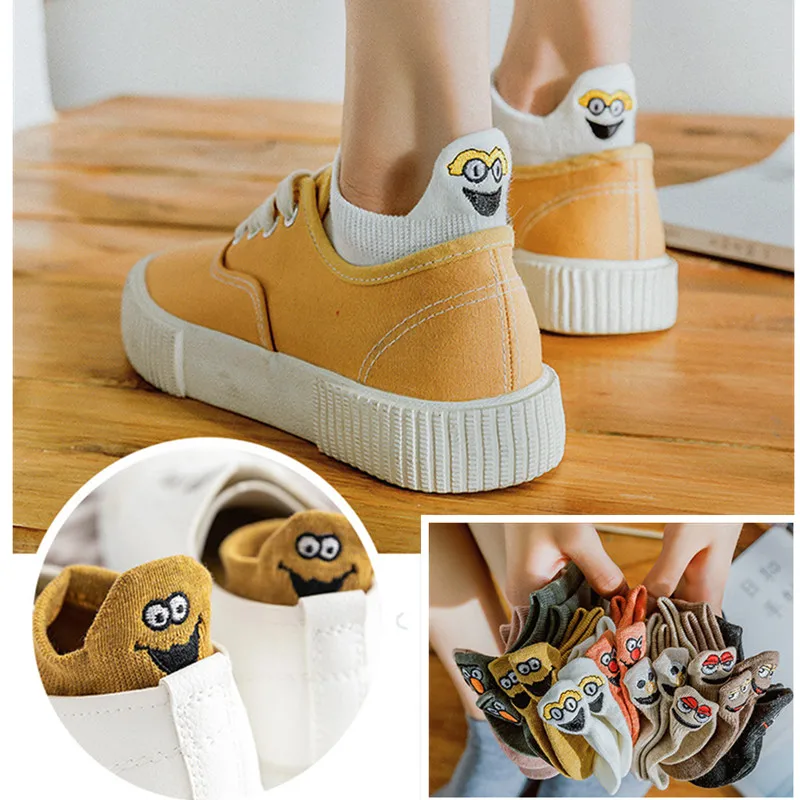 Kawaii Embroidered Expression Women Cartoon Socks Happy Ankle Funny Harajuku Cute Cotton Short Sox Girl Sokken | Женская одежда