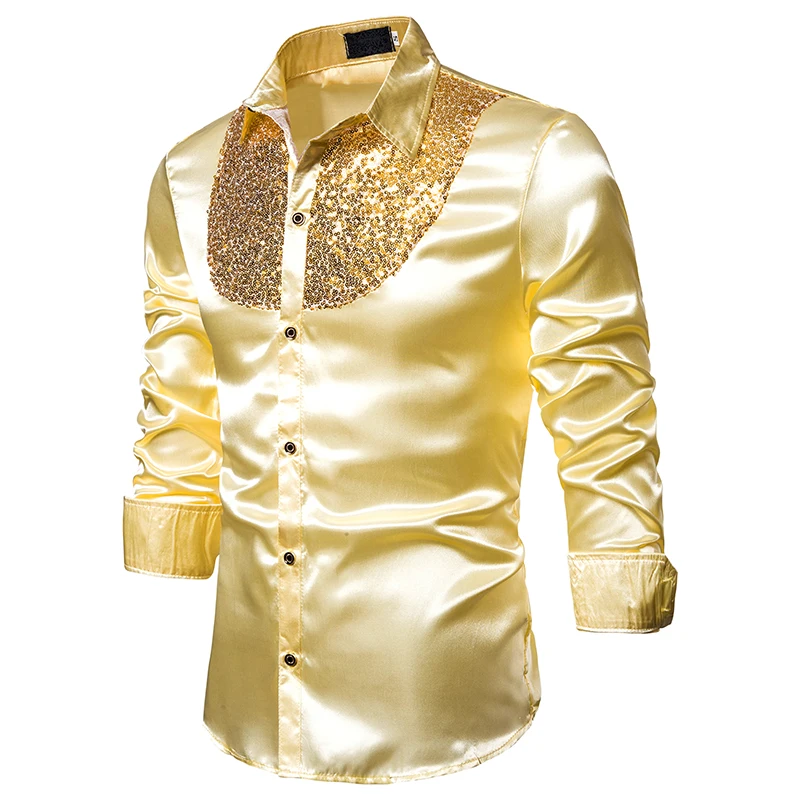 

Hot British court dress silk shirt men's slim long-sleeved shiny shirts stage singer costume shirt plus size