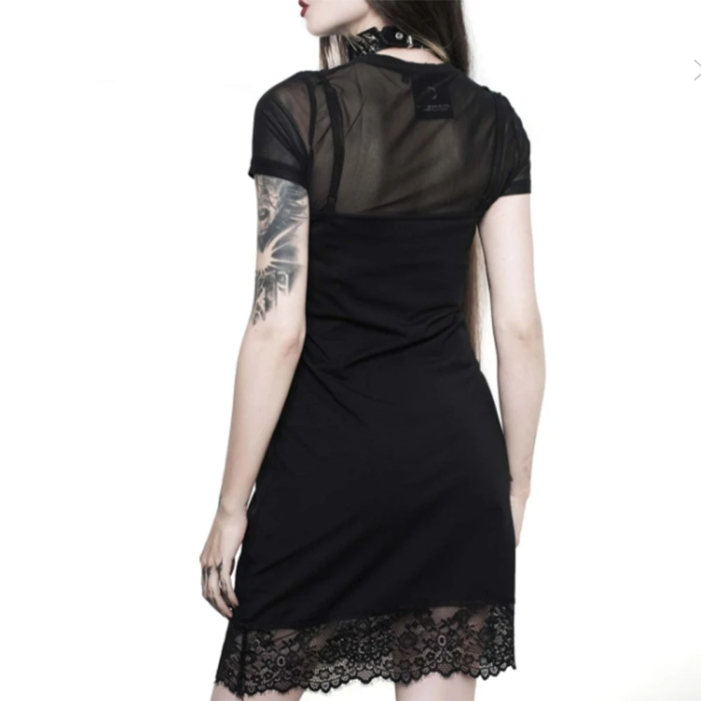 

High Street Fashion Women's Dress Summer 2021 Printing Lace Splicing Sexy Perspective Solid Color Round Neck Summer