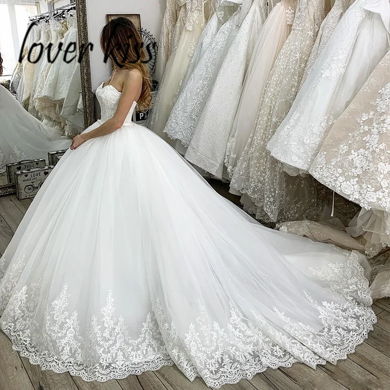 

Lover Kiss Vestido De Noiva Princess Strapless Ball Wedding Dresses With Train Lace Tulle Bridal Gowns 2021 vestido de casamento