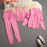 alphalmoda 2020 new 3pcs knitting suit long sleeved cardigans tank top pants women fashion solid lounge set casual tracksuits