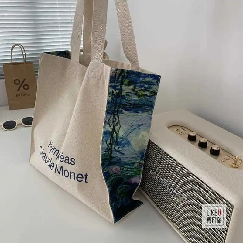

Oil Painting Printed Shoulder Bag 2021 Schoolbag Shopping Bag Ins Artistic Minimalist Large Capacity Canvas Bag