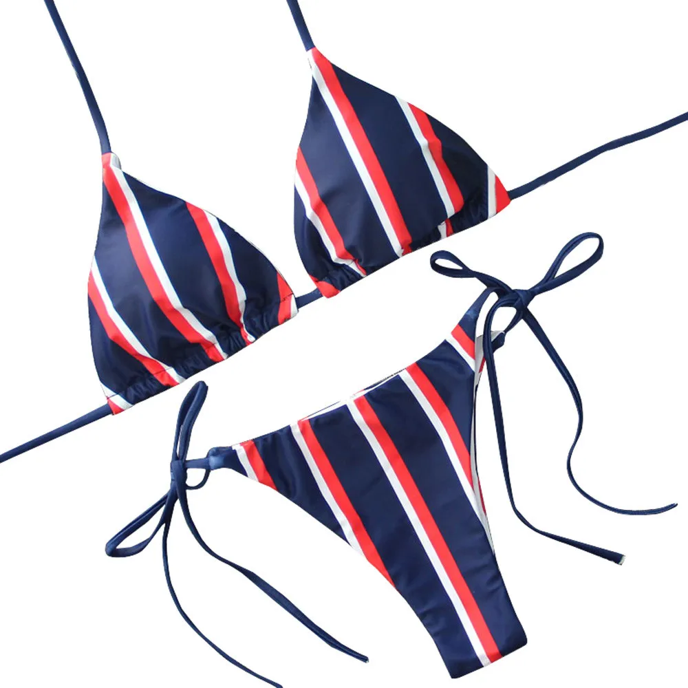 

Swimming Suit For Women Bikini Swimsuit 2021 Sling Stripe Print Bandage Sexy Swimsuit Swim Suit Bathing Suit Women Bikini Set