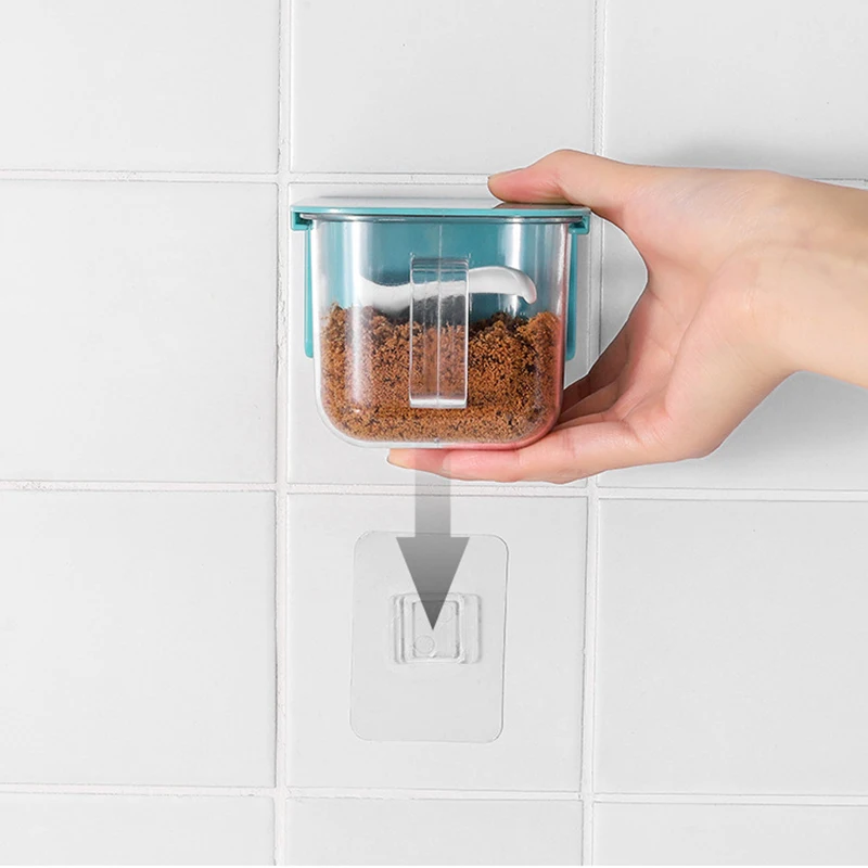 

1Pcs Household Kitchen Spice Jar Seasoning Box Punch-Free Wall-Mounted Seasoning Jar With Spoon And Lid Salt Pepper Container