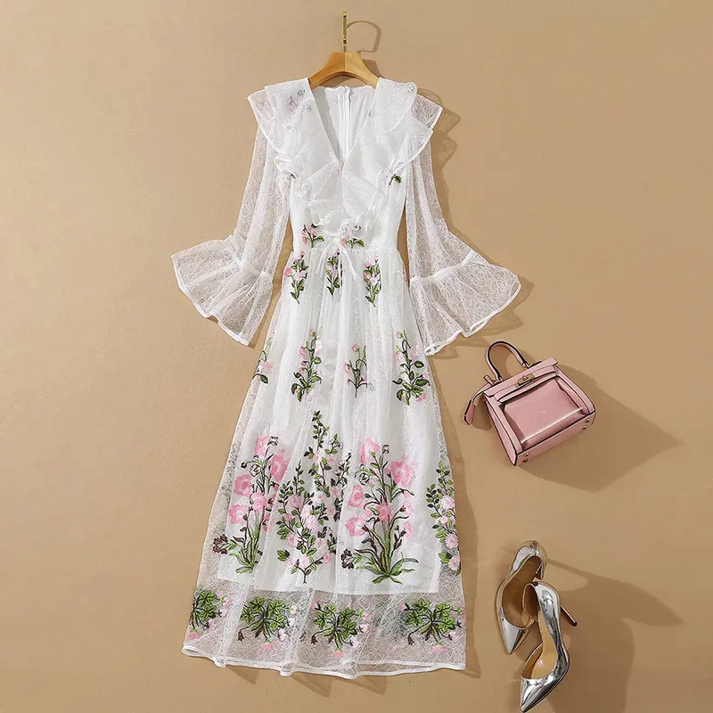

2021 Long Dress Spring Summer Dress Mid Calf Long Sleeve Empire V Neck Flora Print Fashion Dress Embroidery White