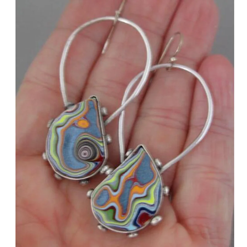 Vintage Water Drop Colorful Resin Stone Earrings Boho Jewelry Spiral Marbling Pattern Big Dangle for Women | Украшения и