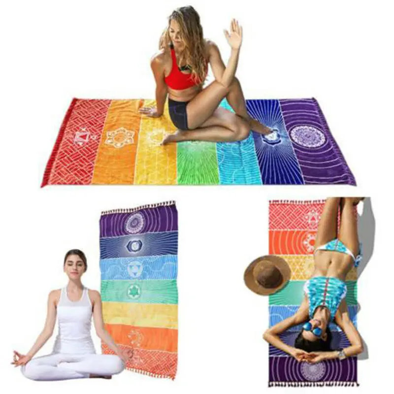 

Women Summer Rainbow Beach Blouse Blanket Tassel Wall Hanging Stripe Towel