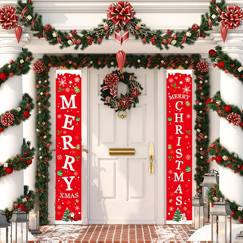 

Merry Christmas Porch Sign Hanging Banners Couplet for Holiday Home Wall Front Door Garden Yard Outdoor Party Xmas Decoration