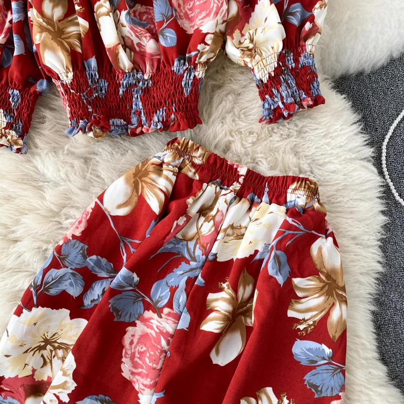 

Women Summer Slash Neck Puff Sleeve Ruched Tops Beach Elastic Waist Wide Leg Pants Fashion Print Floral Suit