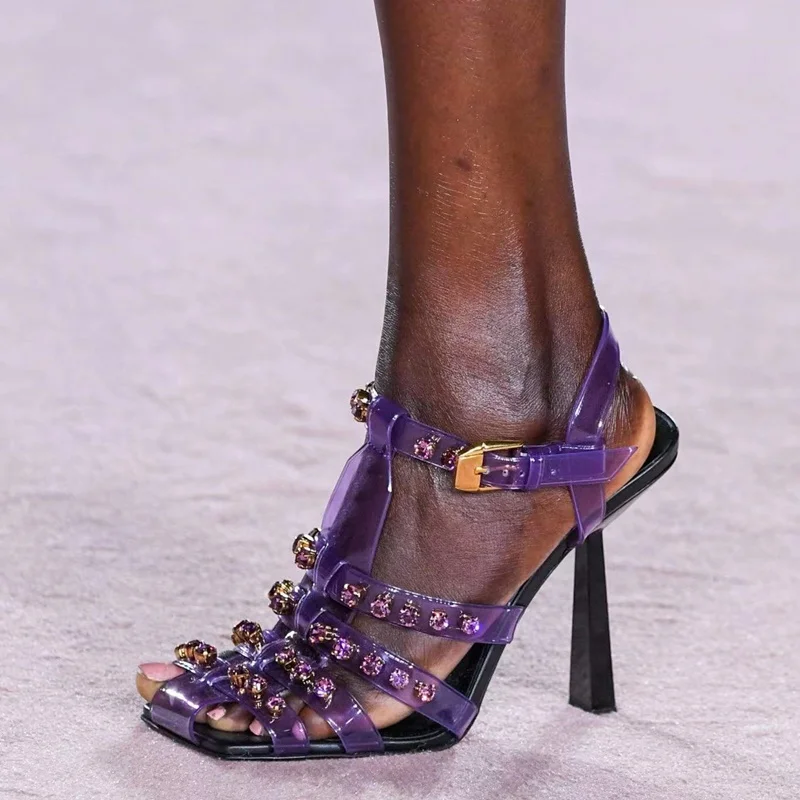 

new summer shoes women jelly colorful sandals woman buckle fashion pumps square toe high heel party dress crystal shoes big size