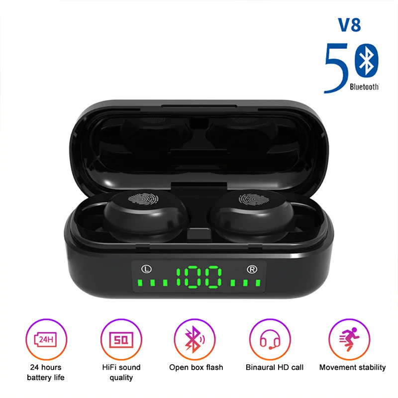 

V8 TWS Wireless Earphones Bluetooth 5.0 9D Bass Stereo Waterproof Earbuds Handsfree Headset with Microphone Charging