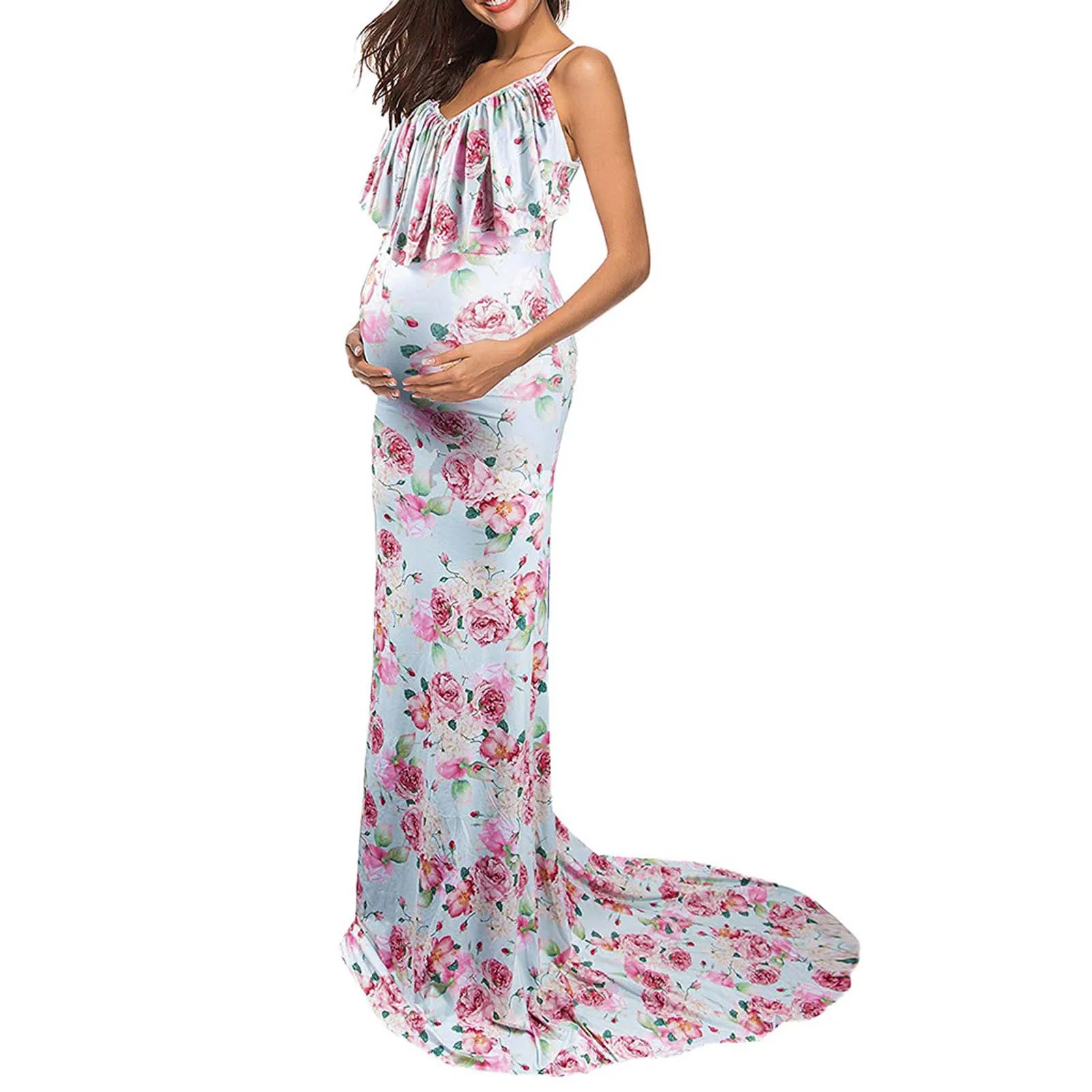 

Pregnant Women Clothes Printed V-neck Sling Flower Photograph Maternity Dress robe grossesse одежда для беременных