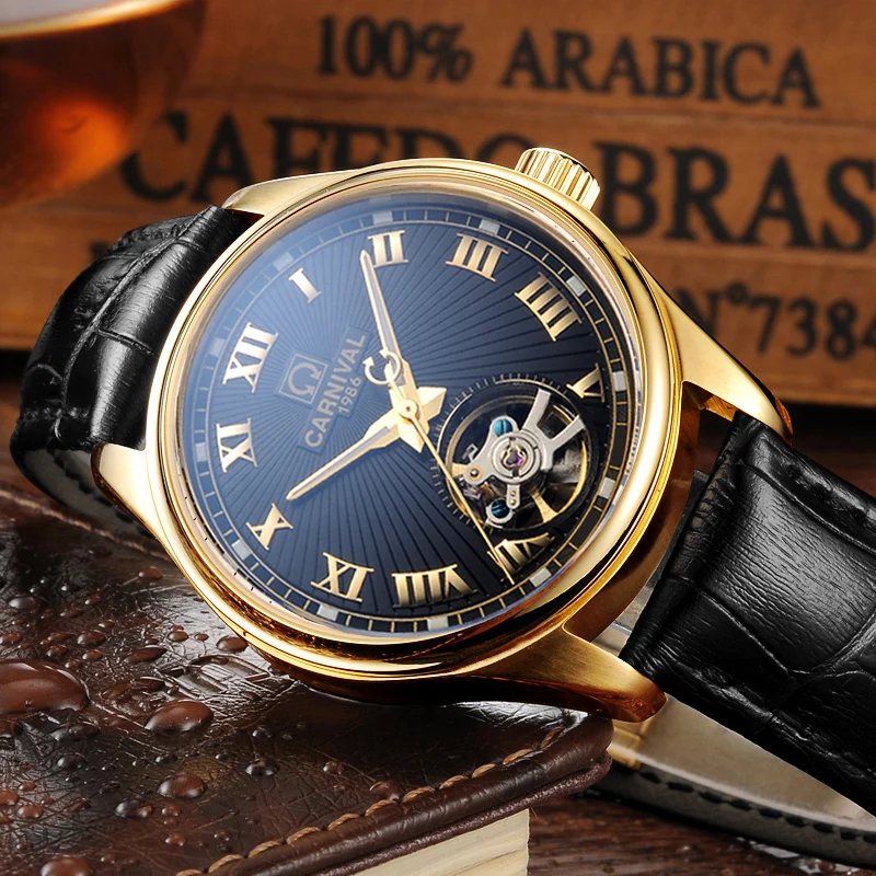 CARNIVAL New Fashion Business Men Hollow Automatic Mechanical Watch Waterproof Luminous Leather Strap Watches Relogio Masculino enlarge