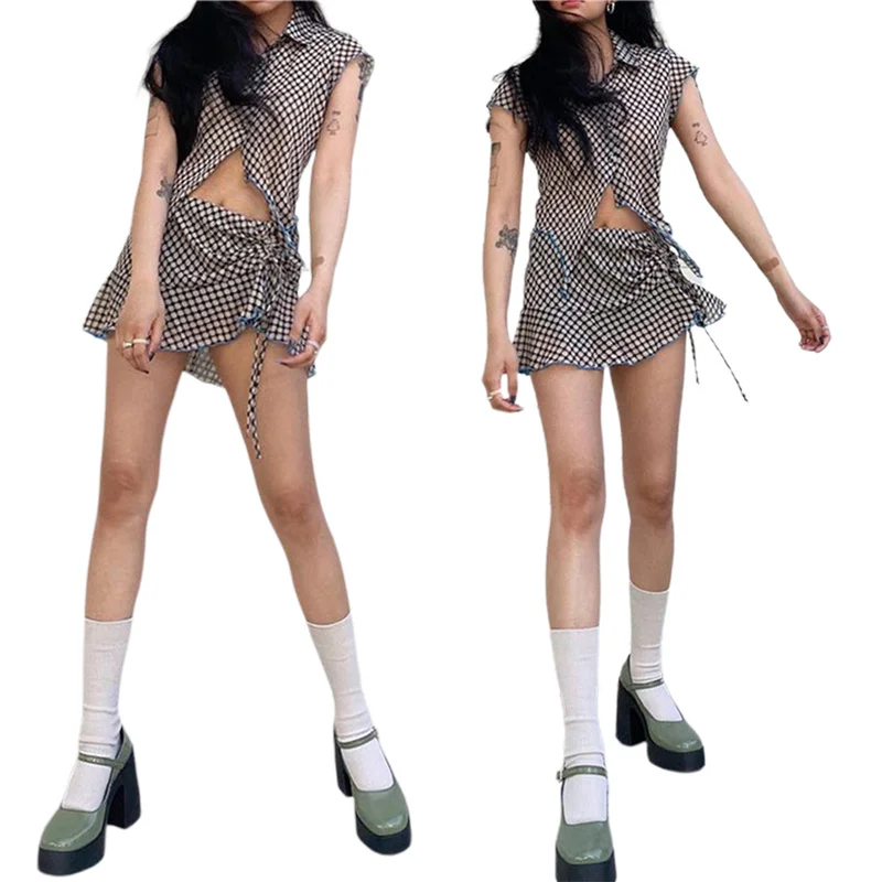 2Pcs Women Summer Outfit Plaid Lapel Short Sleeve Button-Open Slit Crop Tops + Drawstring Skirt for Girls Black