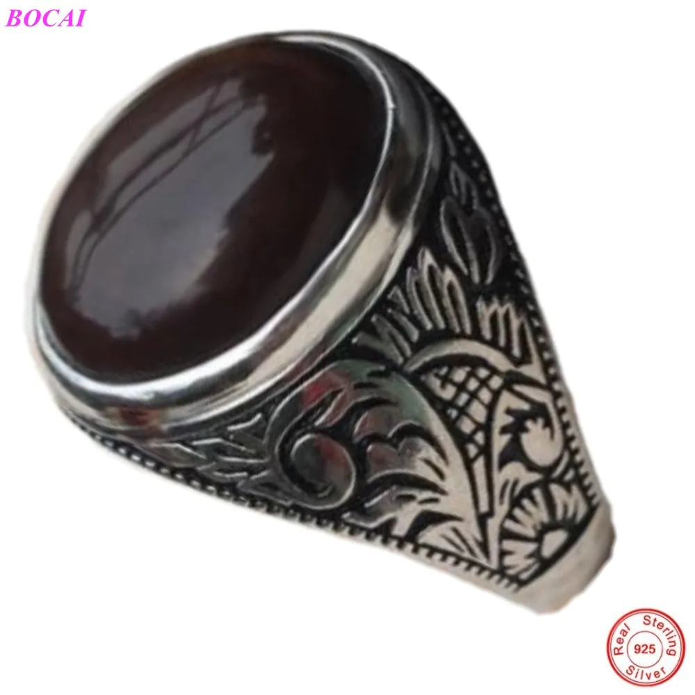Classic Style Brown Circular Natural Stone Male Precept S925 Sterling Silver Thai Men's Ring For Men | Украшения и аксессуары