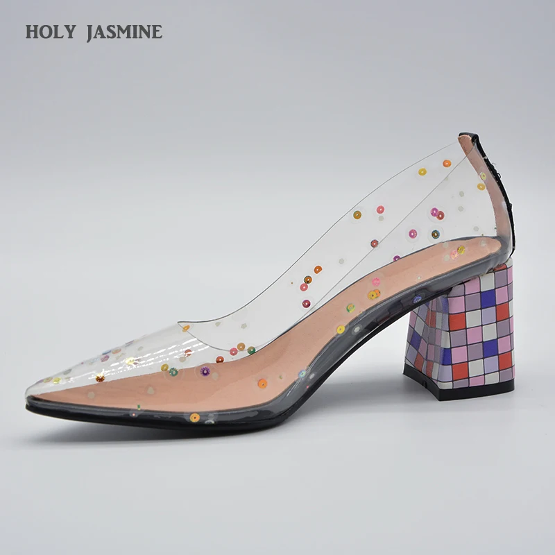 Туфли лодочки женские прозрачные на квадратном каблуке с заостренным