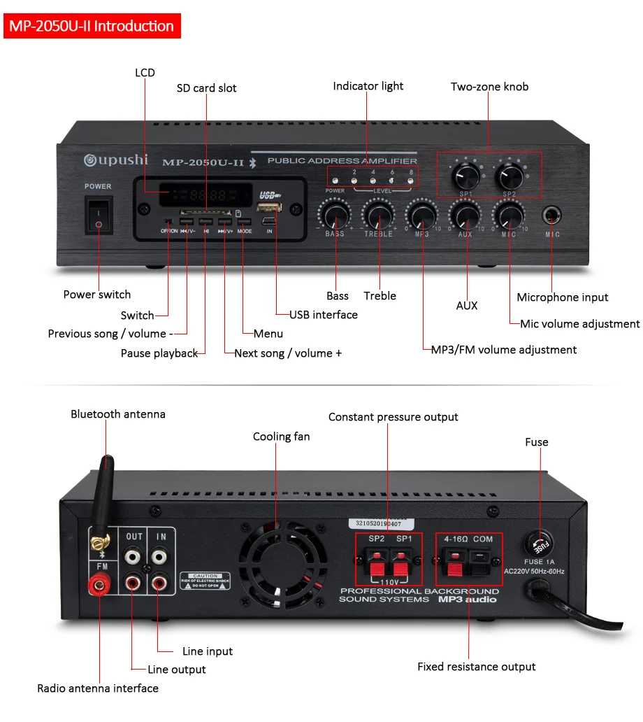 Oupushi MP-2050U Bluetooth усилитель мощности профессиональная поддержка постоянного давления sd-карта и микрофонный вход