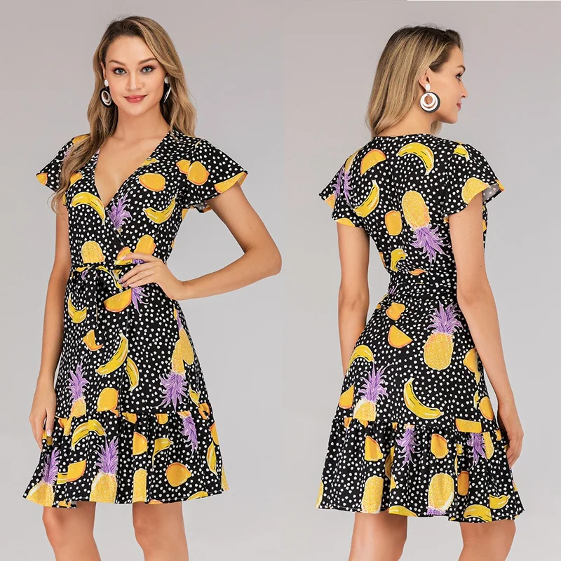 

Летнее платье с цветочным принтом, женское платье на шнуровке с высокой талией, сексуальное пляжное мини-платье с V-образным вырезом и корот...