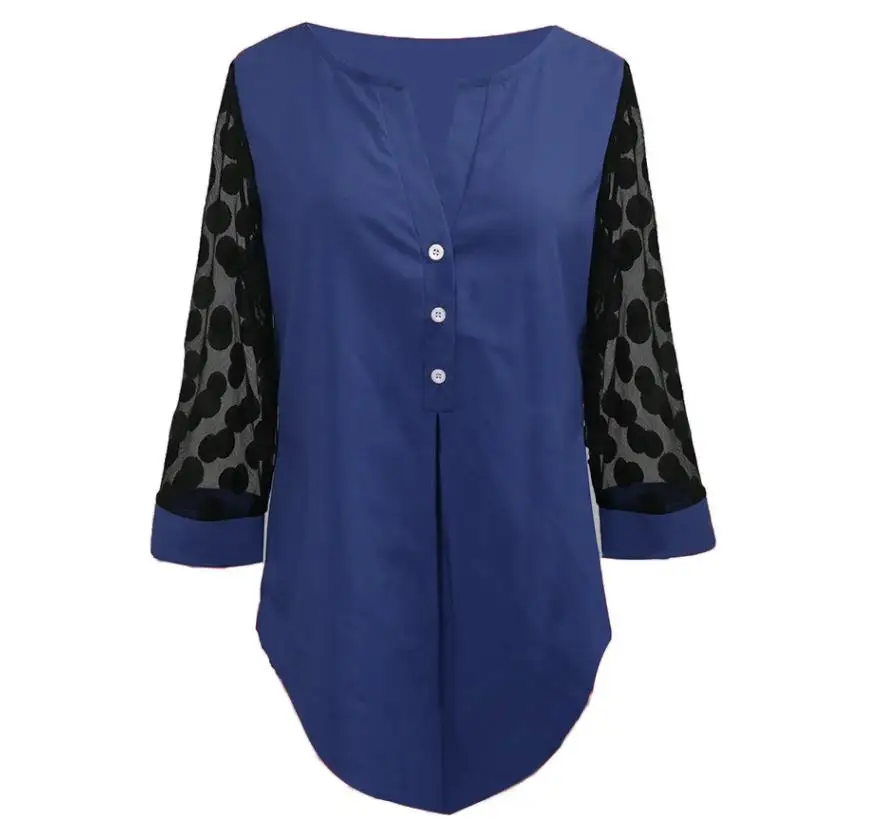 

Shirt Blouse Plus Size 5xl Solid Black Tops V-neck Button splice Mesh Nine Points Sleeve Spring Summer Casual Loose Women Shirt