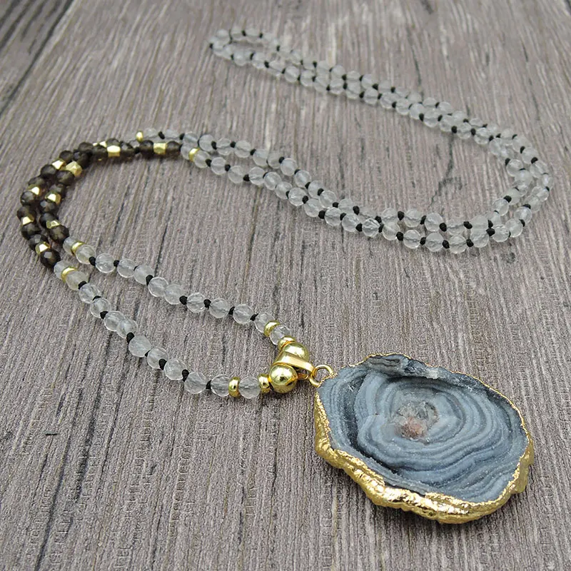 

Natural Solar Agat e Pendants Necklaces 4mm Clear Quartz Crystal & Smoke Quartz Faceted Round Beads Knot Handmade 30inch 40inch