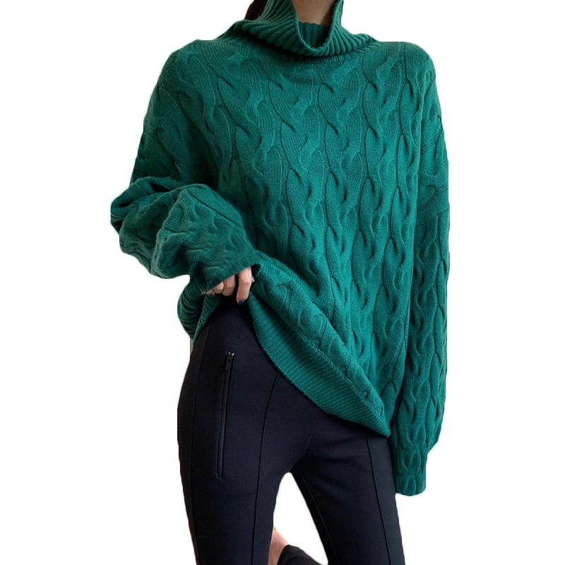 

2021 Autumn Winter Pullovers Sweaters New Loose High Neck Twist Knit Sweater For Women Tops 70C