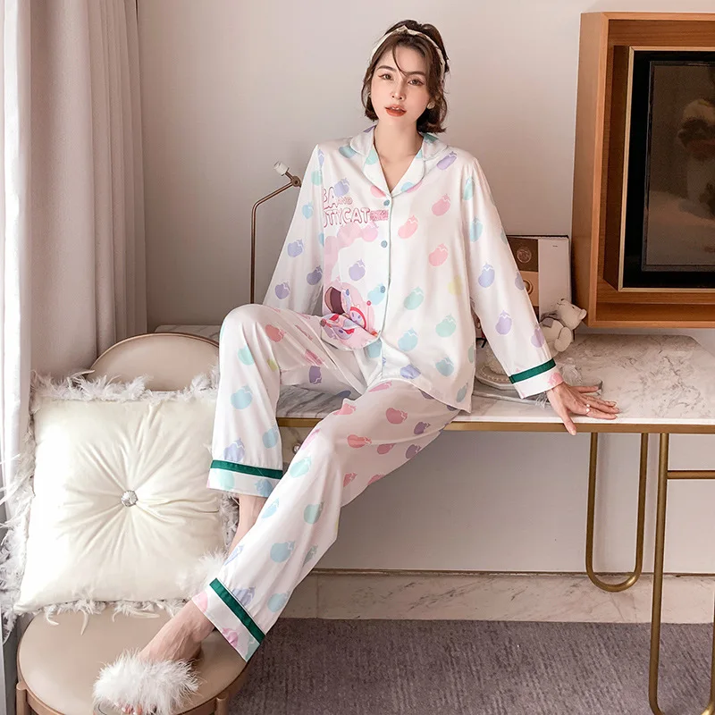 

FZSLCYIYI 2021 Cartton Print Pajamas Women Rayon Female Home Suit Satin Lapel Cardigan Top+Long Bottoms 2 Pcs Nightwear Homewear