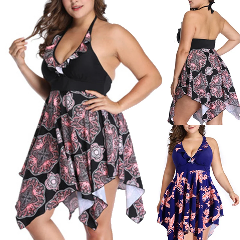 

Plus Size Swimwear for Women Adjustable Halter Sling V Neck Padded Summer Swimming Dress Ruffle and Irregular Hem SAL99