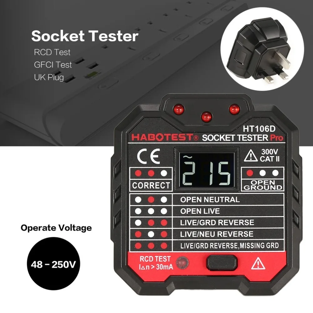 HABOTEST HT106D разъем тестовые ers напряжение тестовое гнездо детектор ЕС вилка заземление нулевой линии вилка полярность фаза проверка