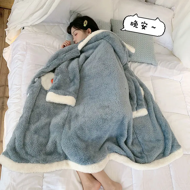 Халат женский фланелевый с капюшоном теплый синий халат-кимоно карманами мягкая