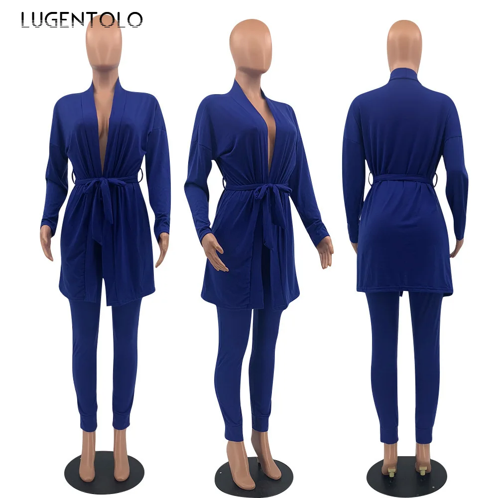 

Lugentolo Women Set 2 Pieces Casual spring Fashion Loose Solid Color Cardigan Top Pocket Long Pants Female Sets