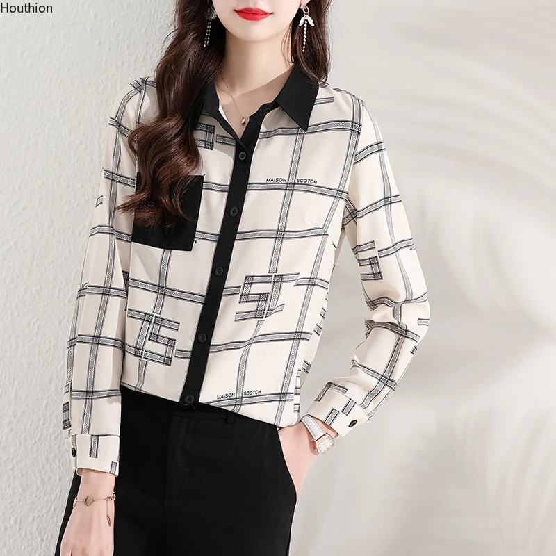 

Summer New Women's Blouses Polo Shirt Long Sleeve Tops Grid Children's Shirt Chiffon Casual Fashion Loose